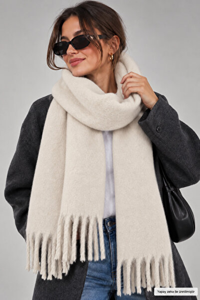 ZERAMİNE Cream Women's Winter Tasseled Scarf |   Soft Textured Thick Shawl - ...