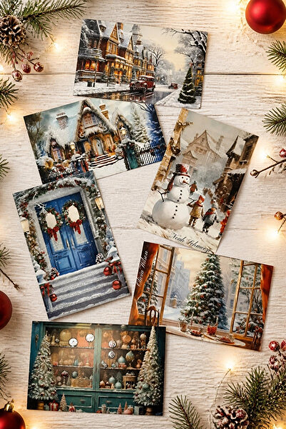 Bimotif 6lı Simli Kartpostal Seti, Yılbaşı, Kış Sokakları