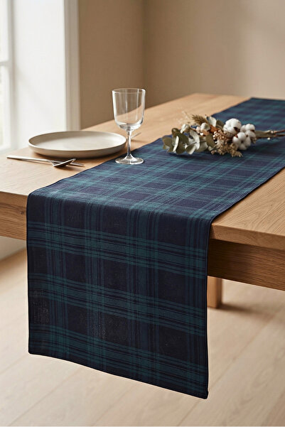 Pine Home 45x150 cm Lacivert Ekose Runner Özel Seri Davet Yeni yıl Tartan Mas...