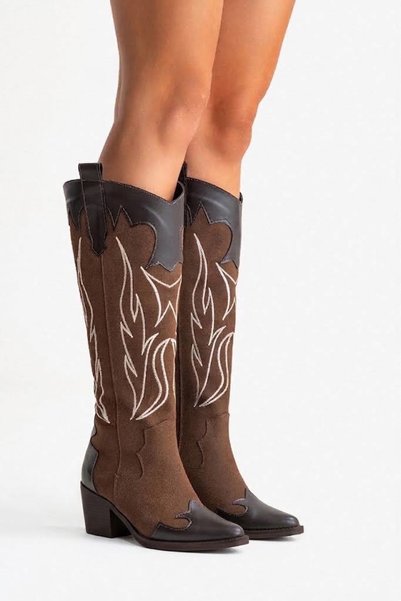 by selvi Lukka Shoes Valeria Women's Bitter Brown Embroidered Cowboy Western Dallas Boots