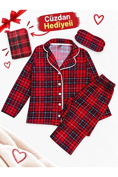 Fil Kids Mother-Daughter Cotton Suede Red Plaid Patterned Winter Pajama Set w...