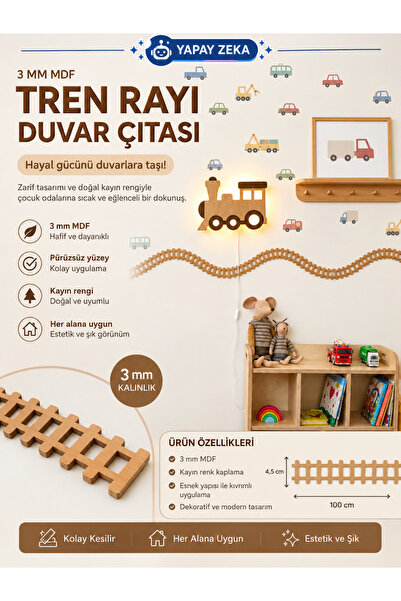 mdmetadesign Kayın Renk Mdf Tren Rayı Figürlü Duvar Çıtası