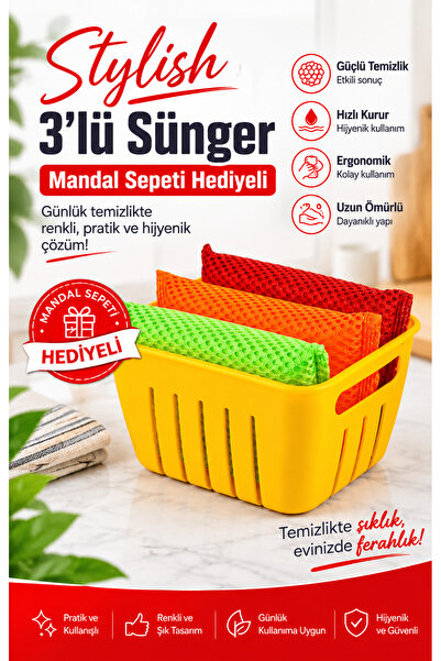 grimorlife Sepetli 3 Lü Bulaşık Süngeri Seti – Drenajlı Düzenleyici, Hijyenik...