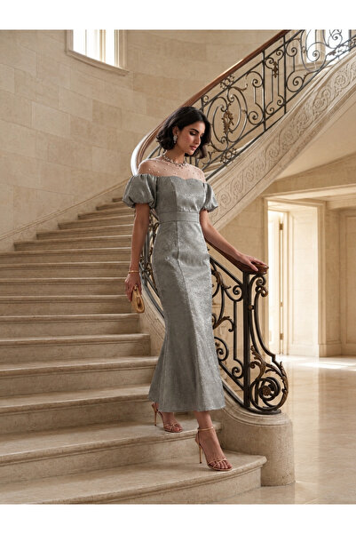 Safa Haute Couture Gray Midi Dress with Royal Shine and Pearl Details on the ...
