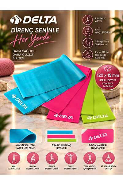Delta 3 'lü Pilates Bandı  120 cm x 15 cm Egzersiz Direnç Lastiği (Uç Kısmı A...