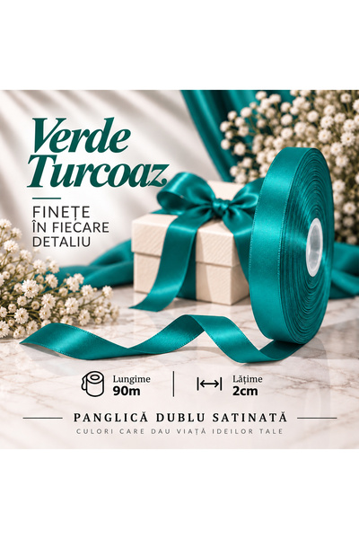 Papette Set 2 Role Panglică Dublu Satinată VERDE TURCOAZ, 2cm x 90m