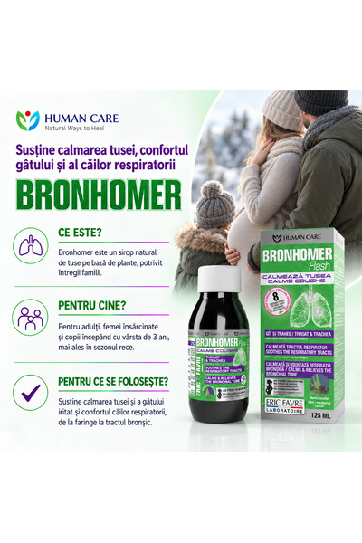 Eric Favre Supliment Alimentar Bronhomer Human Care, sirop pentru calmarea tusei și gât iritat, pentru copii de la 3 ani și femei însărcinate, 125 ml