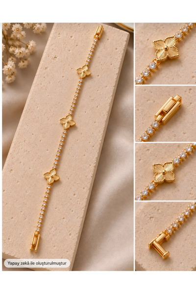 14K Altın Kaplama 4 Yapraklı Zirkon Taşlı Yonca Bileklik 18.5 cm