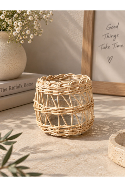 Pranvera Bohem Rattan Mum Cam - Ev Dekorasyon Ürünü Bamboo Mumluk ve Cam