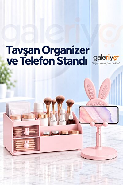 Galeriyo Tavşan Kulplu Makyaj Organizeri & Tavşan Figürlü Telefon Tablet Stan...