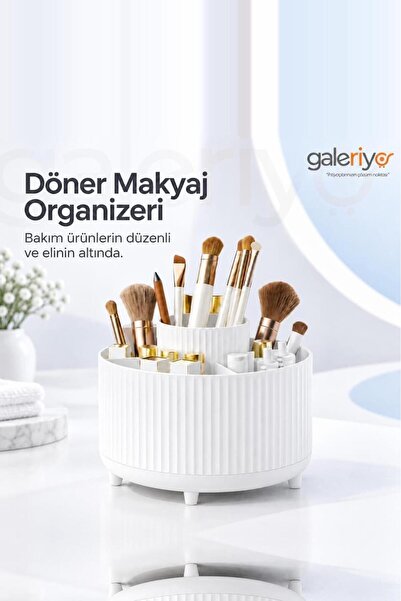 Galeriyo 360 Derece Dönebilen 5 Bölmeli Makyaj Fırçası Organizeri Beyaz