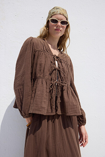 Manuka Muslin Blouse with Tie-Up Detail in Brown