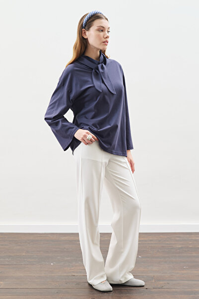 Manuka High Neck Tie-Up Blouse Navy Blue