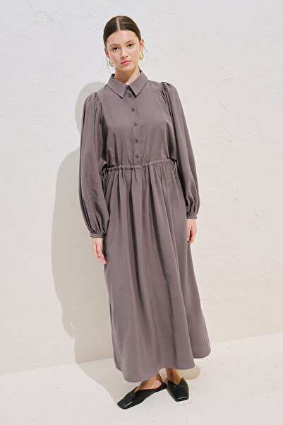 Manuka Draped Waist Adjustable Balloon Sleeve Dress Gülkurusu