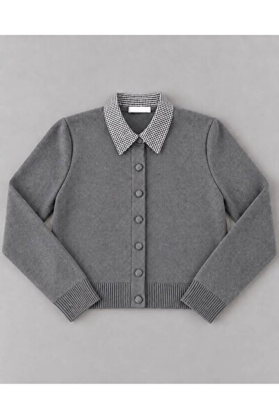 Lupies Women's Collared Fabric Detailed Buttoned Knitwear Cardigan