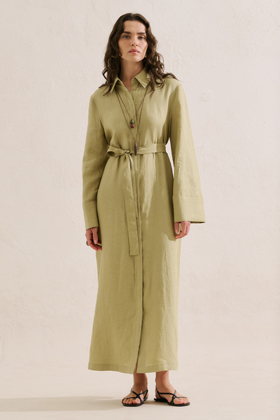 Manuka Linen Belted Shirt Dress Sand