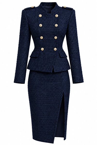 Julidress Kruvaze Ceket ve Mini Etek Premium Lacivert Tüvit Takım
