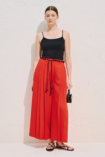 Manuka Linen Blend Wide Pleated Pants Red