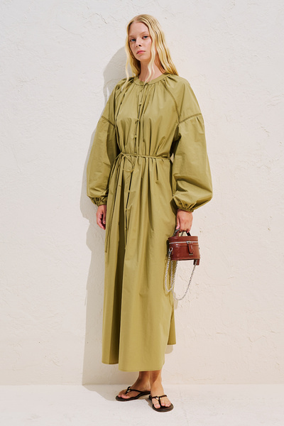 Manuka Striped Balloon Sleeve Long Dress Khaki