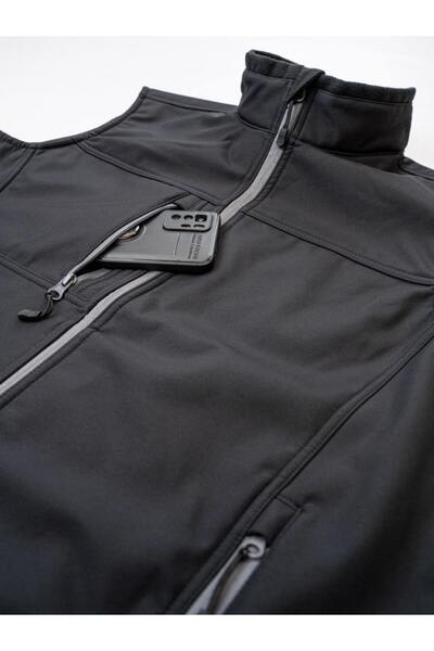 İŞMONT Erkek Siyah Fermuarlı Softshell Yelek Omuz Robalı Polarlı Ayarlanabilir Lastikli Cepli