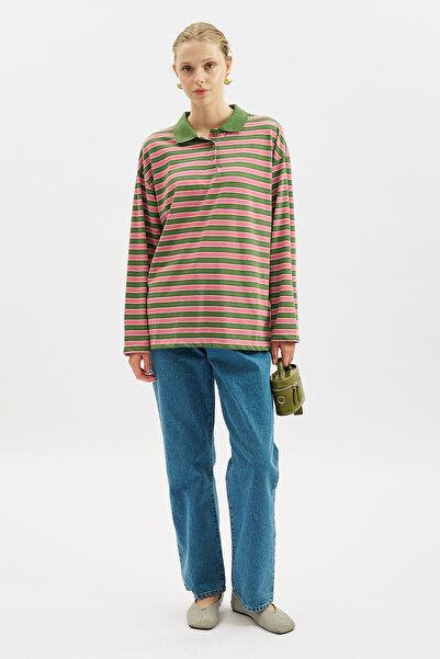 Manuka Striped Polo Collar Sweatshirt Pink