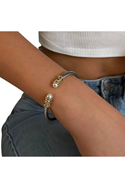 NUR STEEL LUXE ÇELİK KELEPÇE İNCİLİ KELEPÇE KADIN BİLEKLİK / AYARLANABİLİR KA...