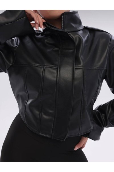 Reysamoda Women's Corp Leather Jacket Black New Season with Corset Details