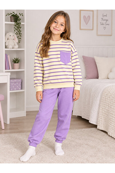 Fil Kids Kız Çocuk Pamuklu Kumaş Bej Renk Lila Renk Çizgili Desen Uzun Kollu ...