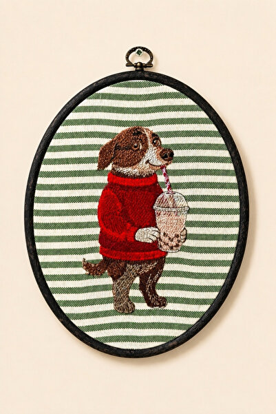 LİONYA DESİGN Ahşap Görünümlü Çerçeveli Vintage Köpek Figürlü Nakışlı Tablo –...