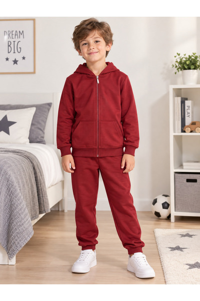 Fil Kids Boys' Burgundy Cotton Hooded Zippered Bottoms with Pockets on the To...