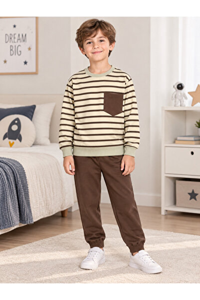 Fil Kids Erkek Çocuk %100 Pamuklu Bej Renk Sütlü Kahverengi Çizgili Uzun Koll...