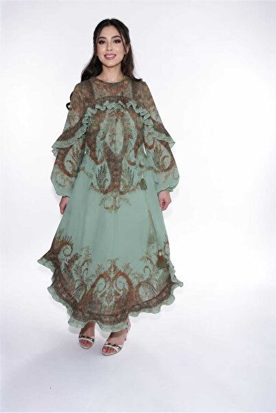 gmax Women's Flowy Layered Ruffle Dress with Eastern Decorations