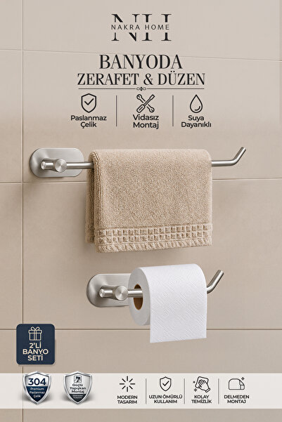 NAKRA HOME 2'li Set Paslanmaz Çelik Yapışkanlı Havlu Askısı ve Tuvalet Kağıtl...