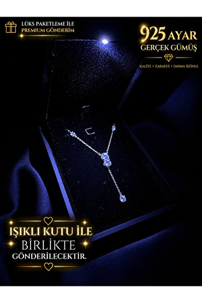 sara silver 925 Ayar Gümüş Taşlı Modern Y-Model Işıklı Kutulu Tektaş Kolye Kadın
