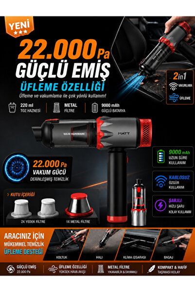 DEANB 22000Pa 220W Ultra Güçlü 9000mAh Kablosuz Araç İçi Süpürge Metal Filtre...