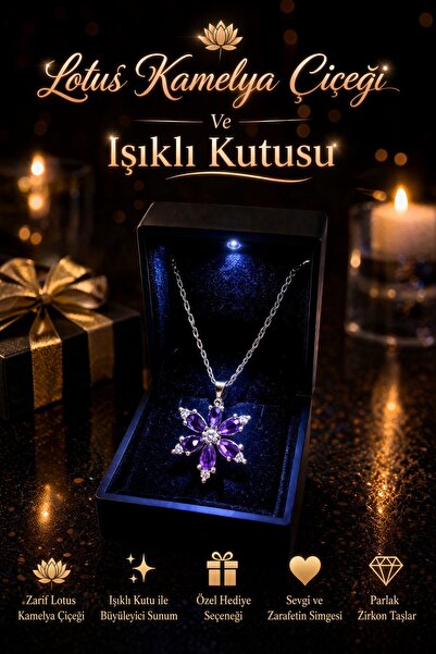 zamane saat 925 Ayar Gümüş Işıklı Kutu Hediyeli Lotus Çiçeği Kolye Mor Taşlı ...