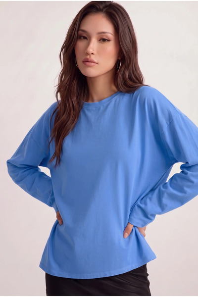 Teenage Millionaire Kadın Mavi T-shirt Geniş Kol Bisiklet Yaka Uzun Kollu Tişört