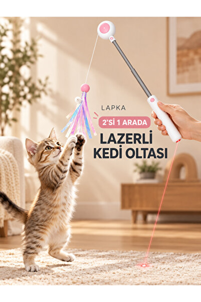 Lapka Design Kediler İçin 2’si 1 Arada Lazerli Teleskopik Olta Oyuncağı, Deği...
