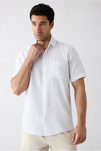 Kiğılı Short Sleeve Regular Fit Cotton Linen Striped Pocket Shirt