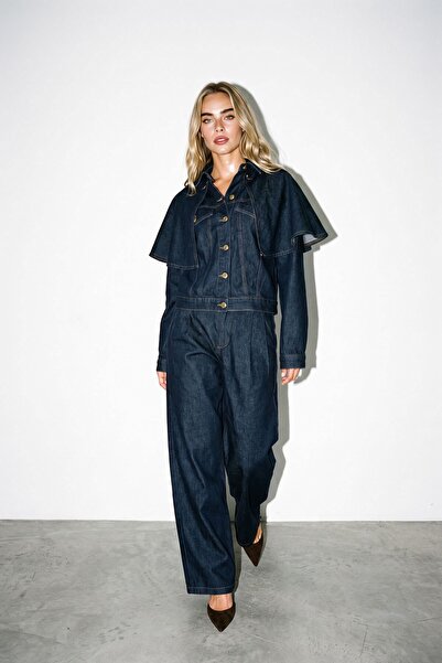 Setre Navy Blue Shoulder Detailed Buttoned Jacket and Loose Cut Trousers Jean...