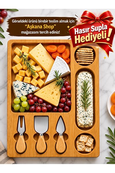 Aşkana Wooden Cheese Serving Plate with 6+1 Compartments – 3-Piece Cheese Kni...