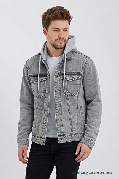 DAMGA JEANS Men's Denim Casual Hooded Gray Denim Jacket