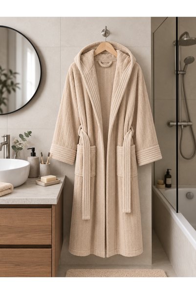 OEM Halat de baie, cu glugă, 100% bumbac, mărimea S-M, Velur crem