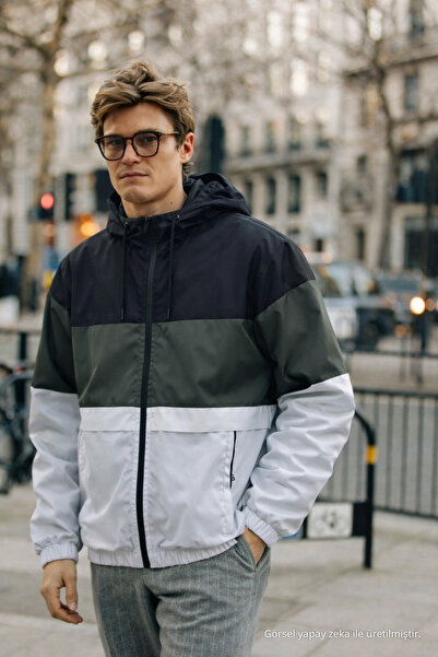 DAMGA JEANS Erkek Renkli Trend Haki Fermuarlı Yağmurluk