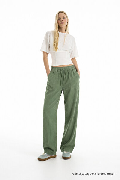 DAMGA JEANS Women's Casual Summer Trend Loose Green Linen Trousers
