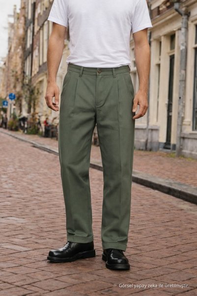 DAMGA JEANS Men's Daily Basic Cotton Khaki Fabric Trousers