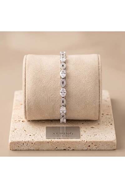 XUPING JEWELRY Vıp Seri 316L Çelik Gümüş Renk Oval Taşlı ve Halkalı Suyolu Bi...