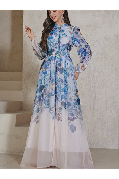 Take Two By Styli Floral A-Line Maxi Dress With Belt And Long Sleeves