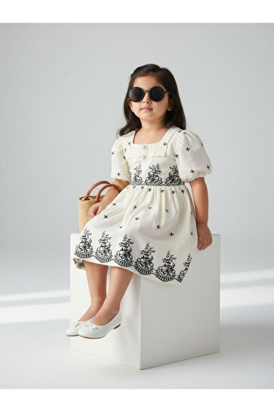 Bella Moda By Styli Girls Cream Embroidered Puff Sleeves A-Line Midi Dress