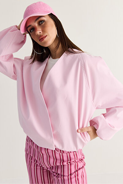 Bianco Lucci Women's Pink Double Breasted Collar Pocket Detailed Lined Elasti...